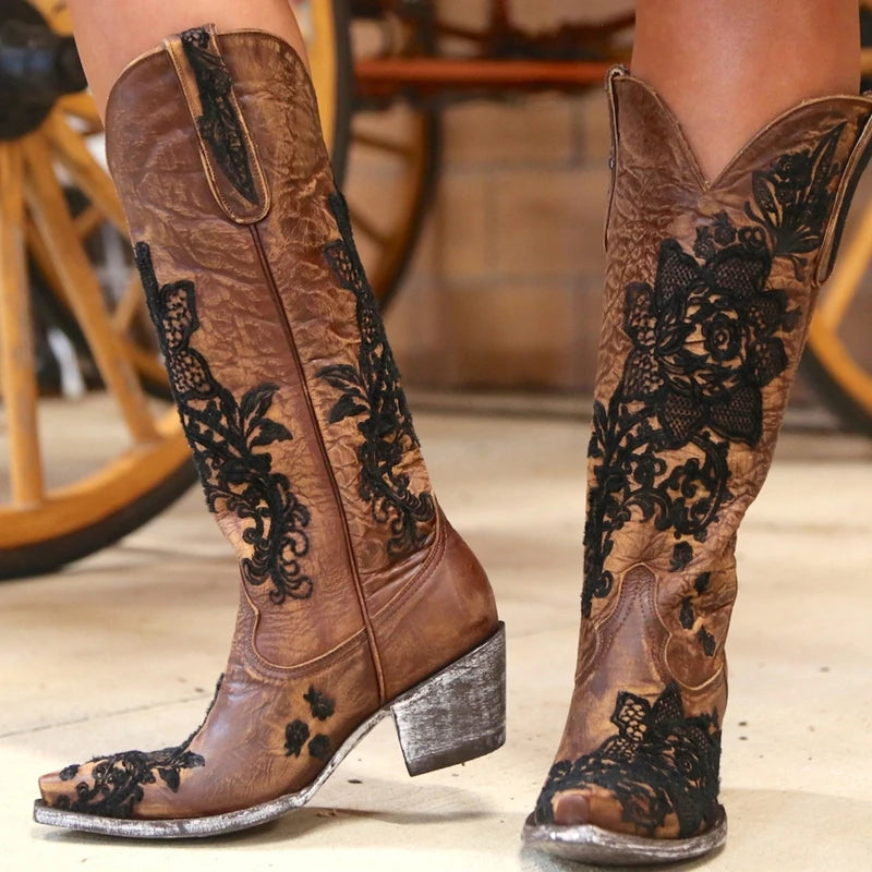 Western Style Women's Pointed Large Embroidered Rose High Heels Vintage Old Women's Boots High Barrel Western Boots