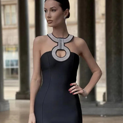 2022 New Bandage Dress Fashion Sexy Halter Neck Diamond Collar Short Skirt Banquet Party Little Black Dress-A1252
