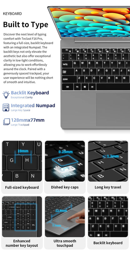 Ordinateur portable Teclast F16 Pro, Windows 11 Pro, processeur Intel N95, F16Pro, 16 Go de RAM, 512 Go de SSD, écran IPS 15,6 pouces 1920 x 1080, Wi-Fi 6, USB 3.2, clavier rétroéclairé, mini-HDMI