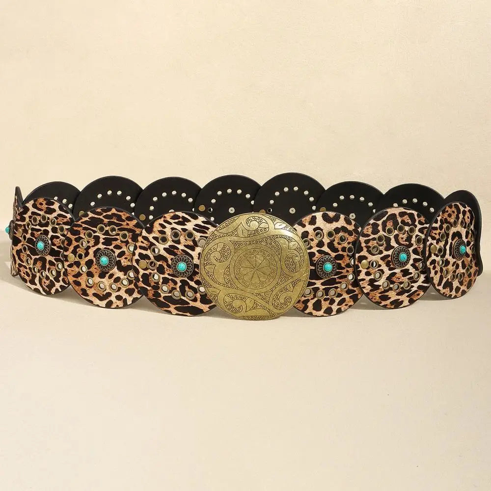 Exaggerated Wide Boho Disc Belt Rivet Turquoise Carved Buckle Waist Belt Adjustable Alloy Western Leather Waistband Cowgirl