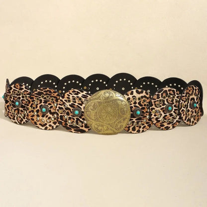 Exaggerated Wide Boho Disc Belt Rivet Turquoise Carved Buckle Waist Belt Adjustable Alloy Western Leather Waistband Cowgirl