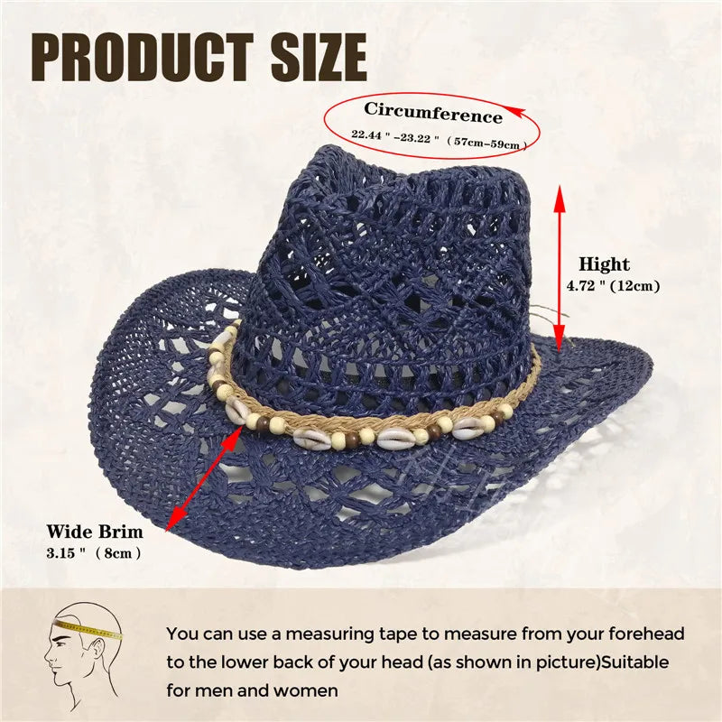Chapeau de paille bohème d'été pour femmes et hommes, chapeaux de Cowboy de plage, perles en bois ajourées, chapeau de soleil oc