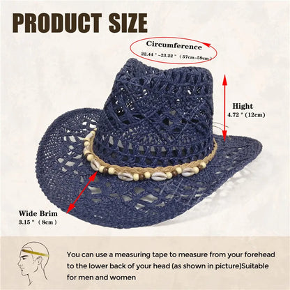 Chapeau de paille bohème d'été pour femmes et hommes, chapeaux de Cowboy de plage, perles en bois ajourées, chapeau de soleil oc