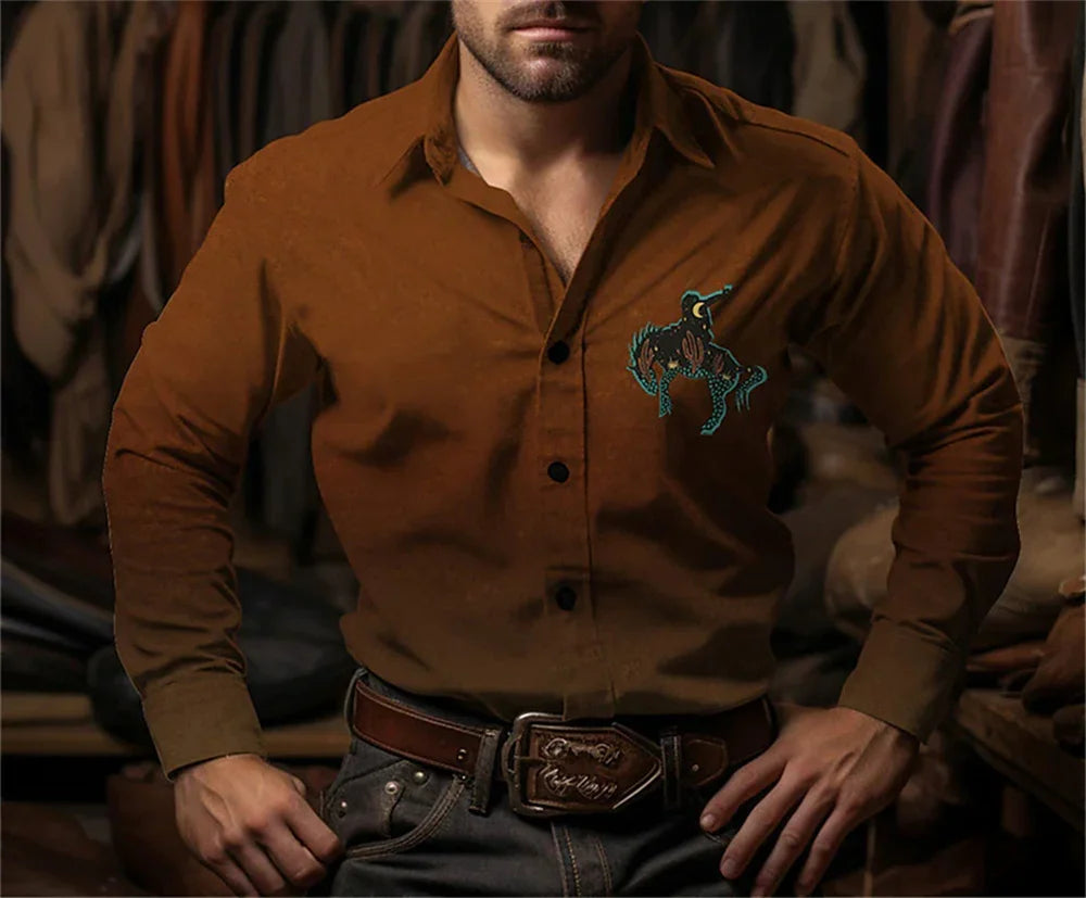 Chemise à manches longues à imprimé floral de cow-boy occidental pour le printemps et l'été, chemise à col pour homme en tissu doux et confortable