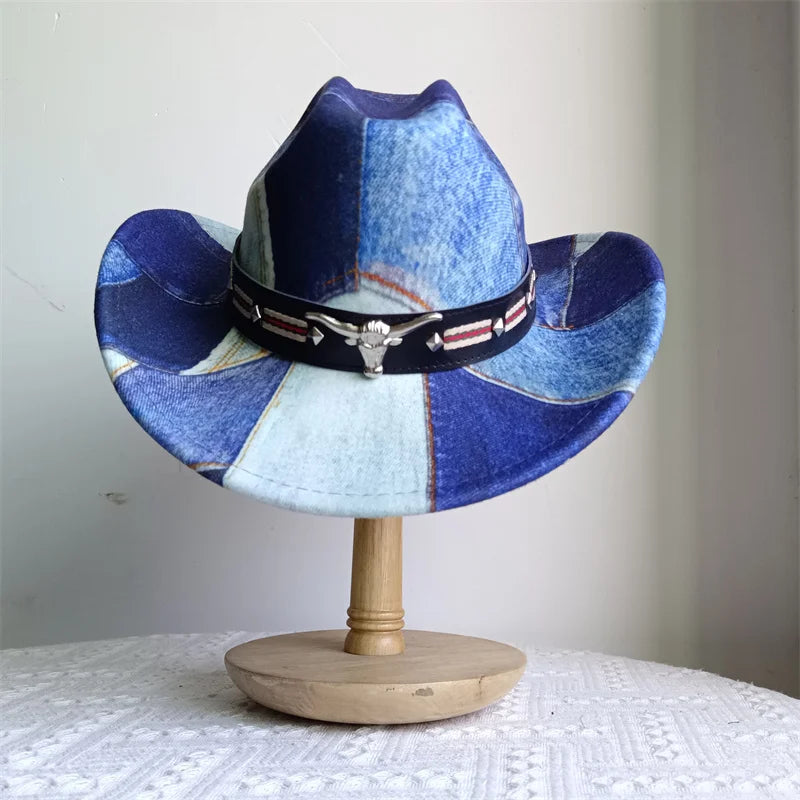 Chapeau de cowboy de style ethnique, tendance, chic, unisexe, couleur unie, avec décoration en forme de taureau, style western