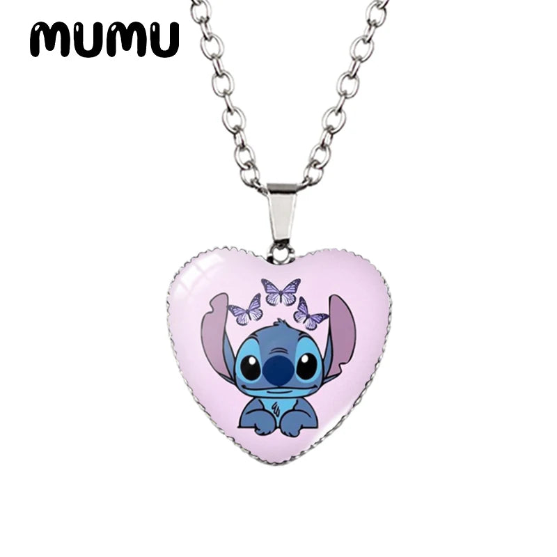 Collier Lilo Stitchou Angle Heart en verre imprimé avec pendentif photo, bijoux faits à la main, cadeaux pour enfants, nouveauté 2024
