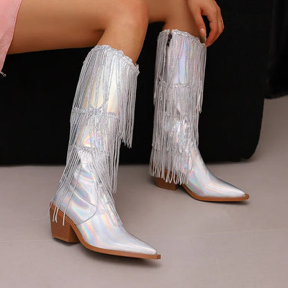 Bottes western à sequins et pompons, noires et argentées, courtes, en peluche, automne/hiver, talon de 6,5 cm, style bohème, hauteur genou, pointures 36 a 46.