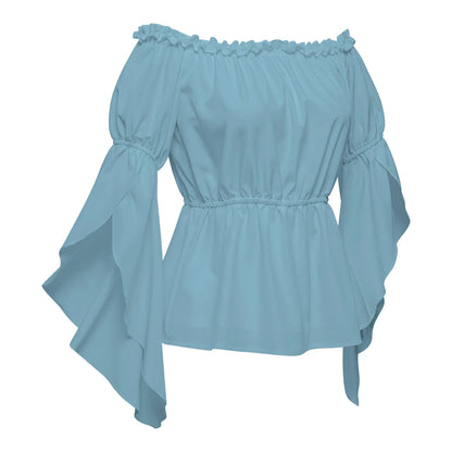 Chemises à volants Renaissance pour femmes, chemisier plissé à manches froissées, épaules dénudées, col bateau, chemise médiévale, chemise victorienne