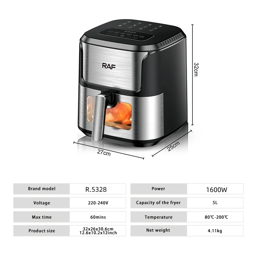Friteuse à air chaud 5L, four électrique avec commandes tactiles, panier antiadhésif et hublot, idéal pour la cuisine et la famille.