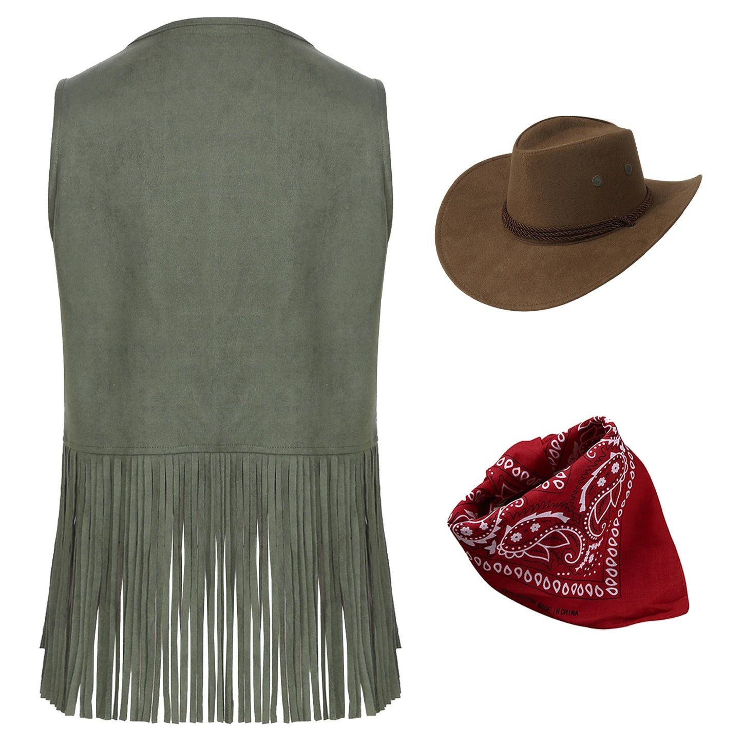 Gilet de cowboy pour femme, costume de cosplay, en faux daim, avec pompons et rivets, pour Halloween, avec bandana