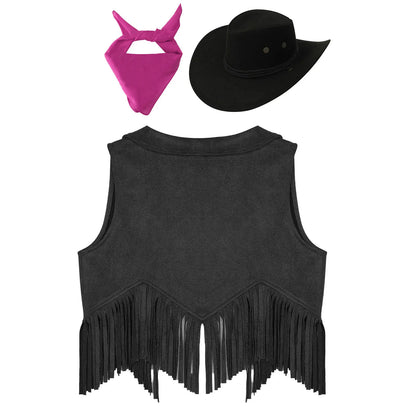 Costume de cosplay Western Cowboy Cowgirl pour enfants, glands en fibre de daim, chapeau glacé, ensemble bandana, habillage de fête à thème Halloween