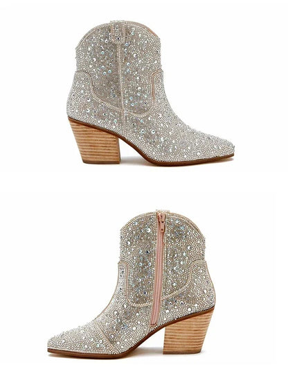 Western Cowboy Boots Fashion Women Ankle Boots Glitter Bling Shiny Trend High Heels High Quality Shoes