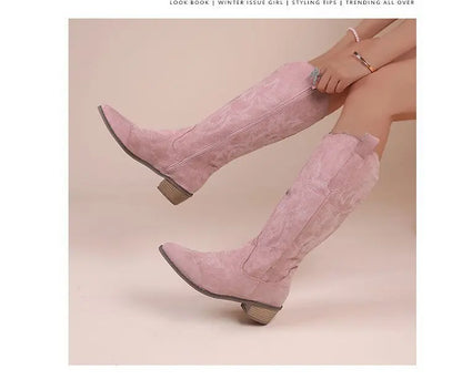 Winter New Coarse Heel Look Thin Tall Long Boots Not Over Knee Embroidered Retro Western Cowboy Boots 2025 New