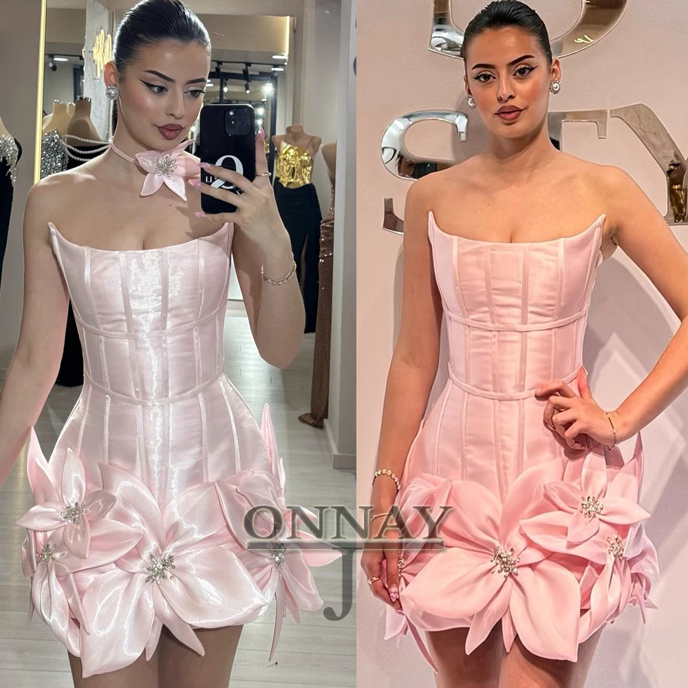 Robe de cocktail courte en satin rose à fleurs, sur mesure, pour occasions spéciales, en perles, style arabe saoudien