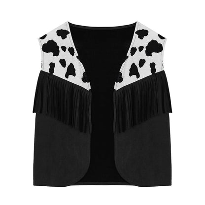 Kids Child Halloween Western Cowboy Cowgirl Cosplay Costume Cow Print Tassels Vest and Flared Pants Set Carnival Party Dress Up