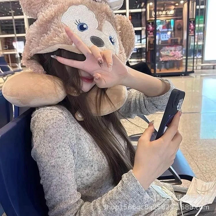 Cartoon plush Stitch Ling Nabelle U-shaped pillow with hooded neck pillow travel car plane office nap artifact girl gifts