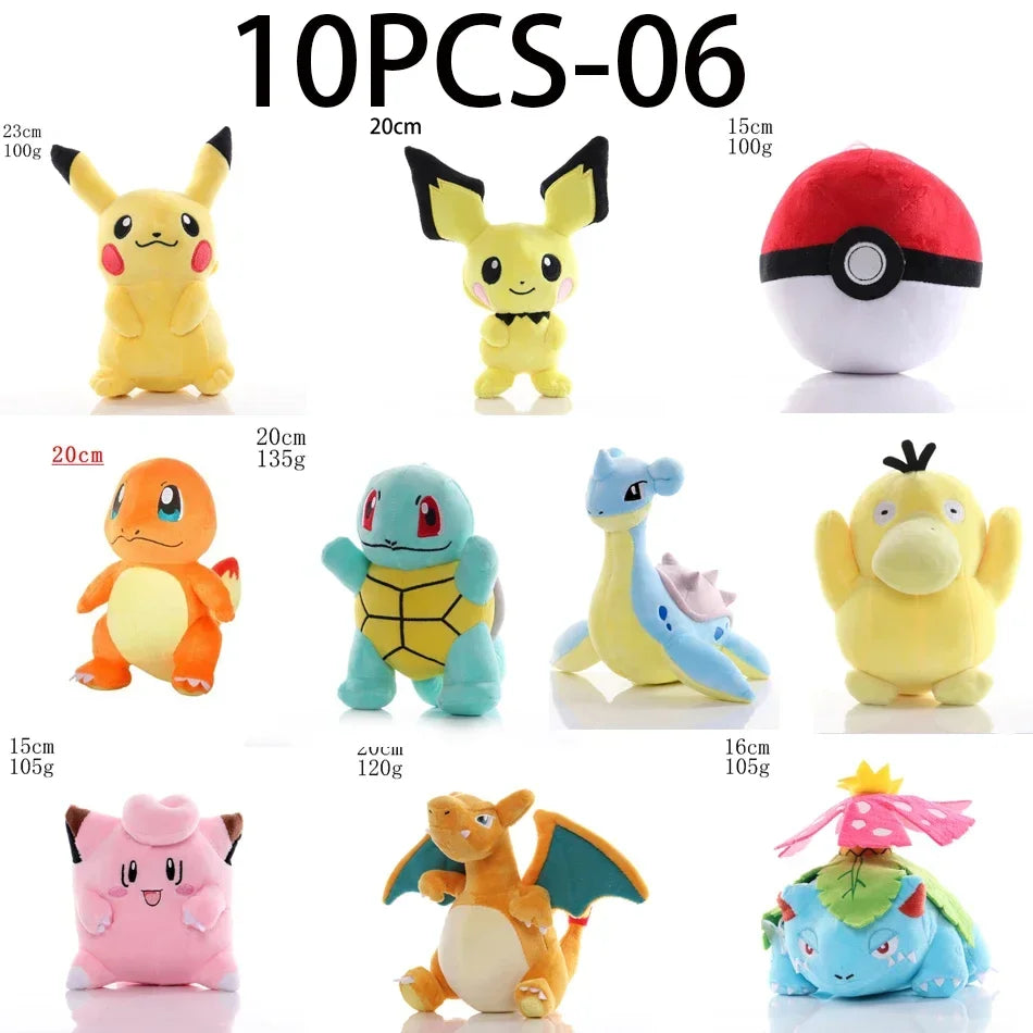 *10PCS Pokemon Plush Charmander Squirtle Pikachu Moon Eevee Plush Bulbasaur Stuffed Animal Toy Gengar Doll Gift for Kid 18-25cm