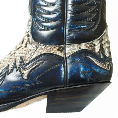 Pointed Toe Embroidered Mid-Calf Boots Snake Print Western Cowboy Men Botines Color-Blocked Slip-On Chelsea Cool Botas Femininas
