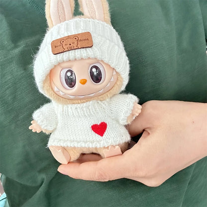 Cute Labubu Bunny Doll Accessories with Knitted Clothes Rabbit Ears Hat Heart Sweater for Toy Collectors Labubu Clothes