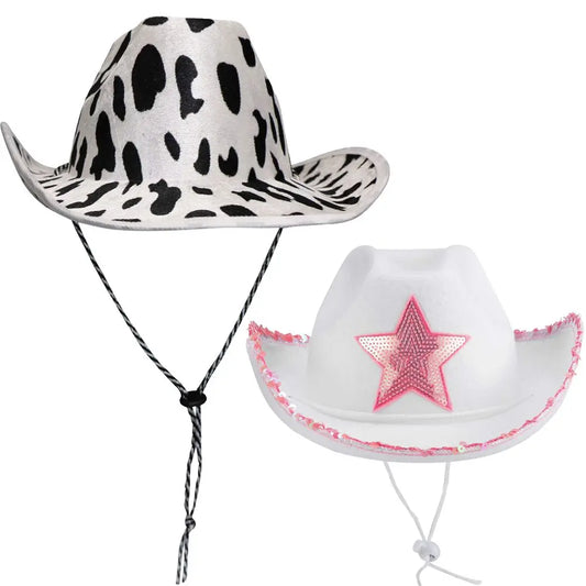 Chapeau de Cowgirl blanc étoile rose, garniture à paillettes, frange, chapeau de Cowboy réglable, cordon de serrage au cou, Costume de jeu de fête
