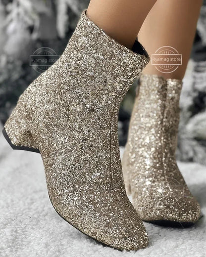 Boots Women Christmas Glitter Zipper Chunky Heel Ankle Boot Sequins Round Toe Chunky Heels Ankle Boots Party Shoes for Women
