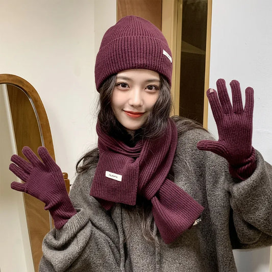 Ensemble chapeau, écharpe et gants en laine tricotée de couleur unie-ensemble de noël chaud du nouvel an rouge en faux cachemire automne/hiver