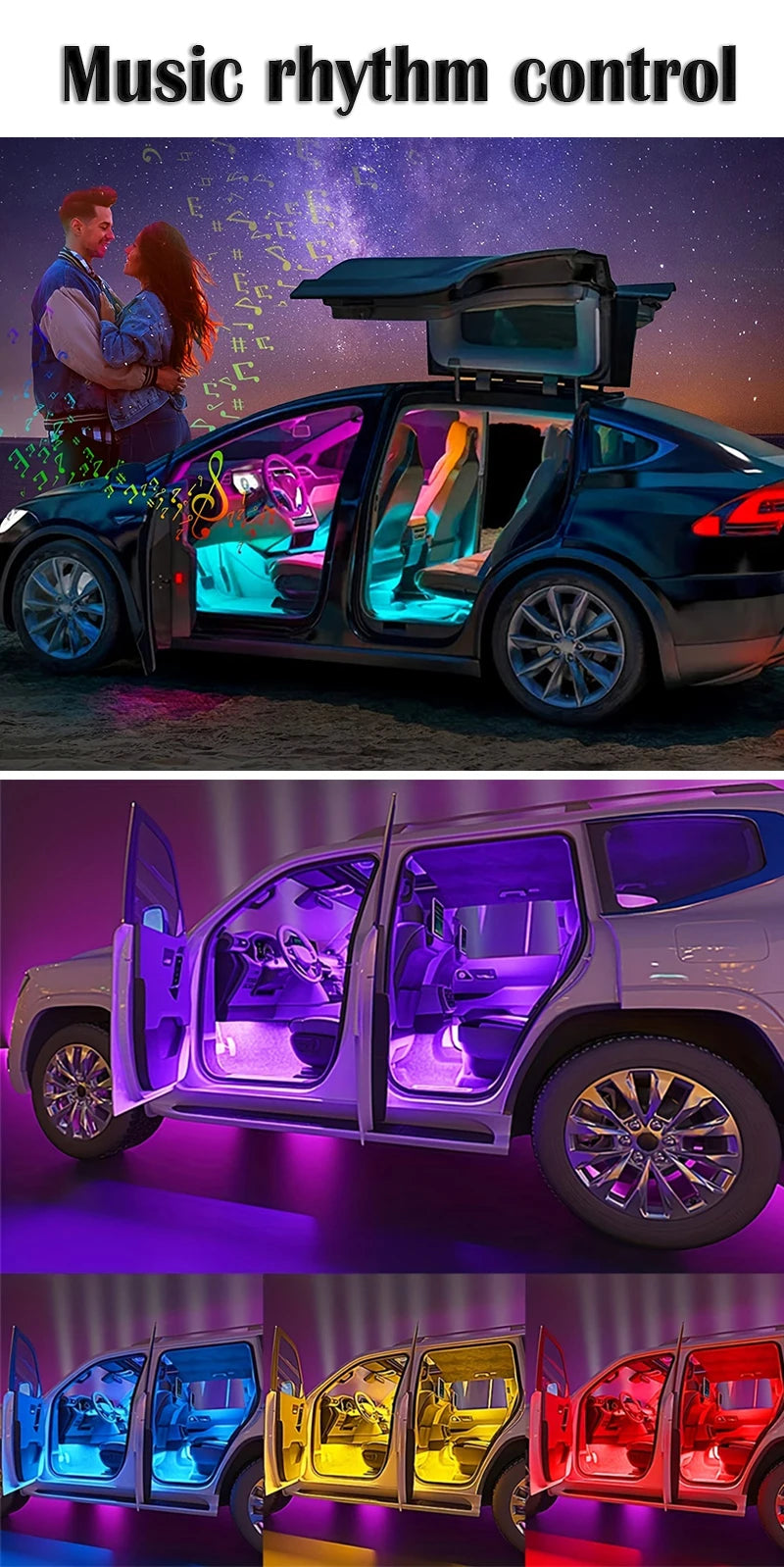 LED Car Music Light Strip 48LEDs USB Smart Bluetooth APP Control Waterproof Multi-color RGB Car Interior Atmosphere Light Strip