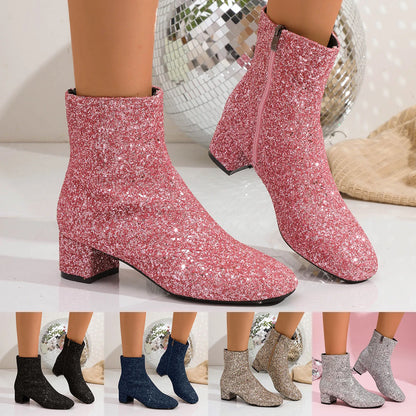 Luxury Sequined Women Ankle Boots Solid Color Chunky Block Heels Short Boot Side Zipper Autumn Winter Party Shoes Large Size