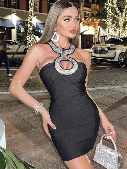 2022 New Bandage Dress Fashion Sexy Halter Neck Diamond Collar Short Skirt Banquet Party Little Black Dress-A1252