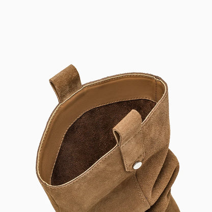 BEAUTODAY Ruched Western Boots Women Cow Suede Leather Rivet Decoration Round Toe Solid Color Autumn Winter Shoes Handmade 06304