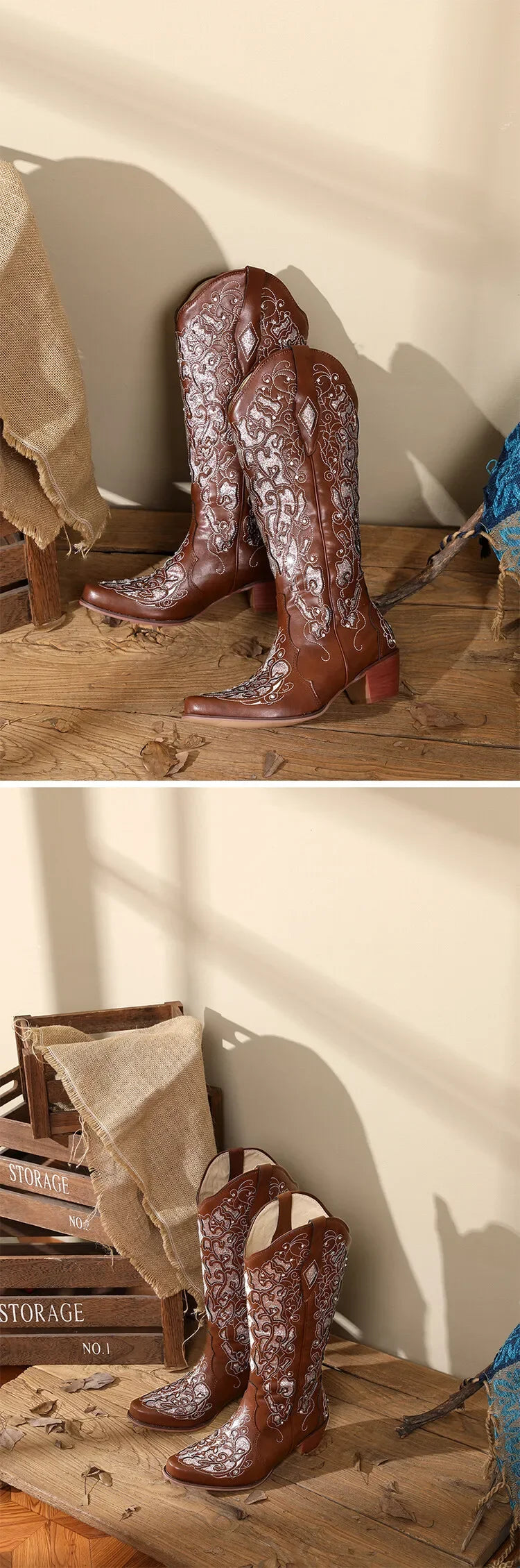 Women Embroidered White Western Cowboy Boots Block Heel Pull-On Pointed Toe Crystal Cowgirl Booties