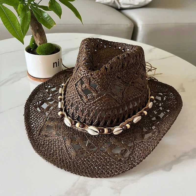 Chapeau de paille bohème d'été pour femmes et hommes, chapeaux de Cowboy de plage, perles en bois ajourées, chapeau de soleil oc