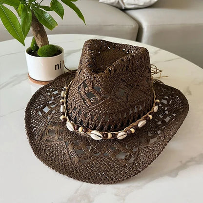 Chapeau de paille bohème d'été pour femmes et hommes, chapeaux de Cowboy de plage, perles en bois ajourées, chapeau de soleil oc