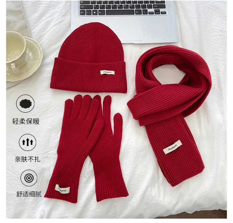 Ensemble chapeau, écharpe et gants en laine tricotée de couleur unie-ensemble de noël chaud du nouvel an rouge en faux cachemire automne/hiver