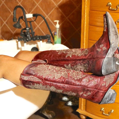 Western Style Women's Pointed Large Embroidered Rose High Heels Vintage Old Women's Boots High Barrel Western Boots