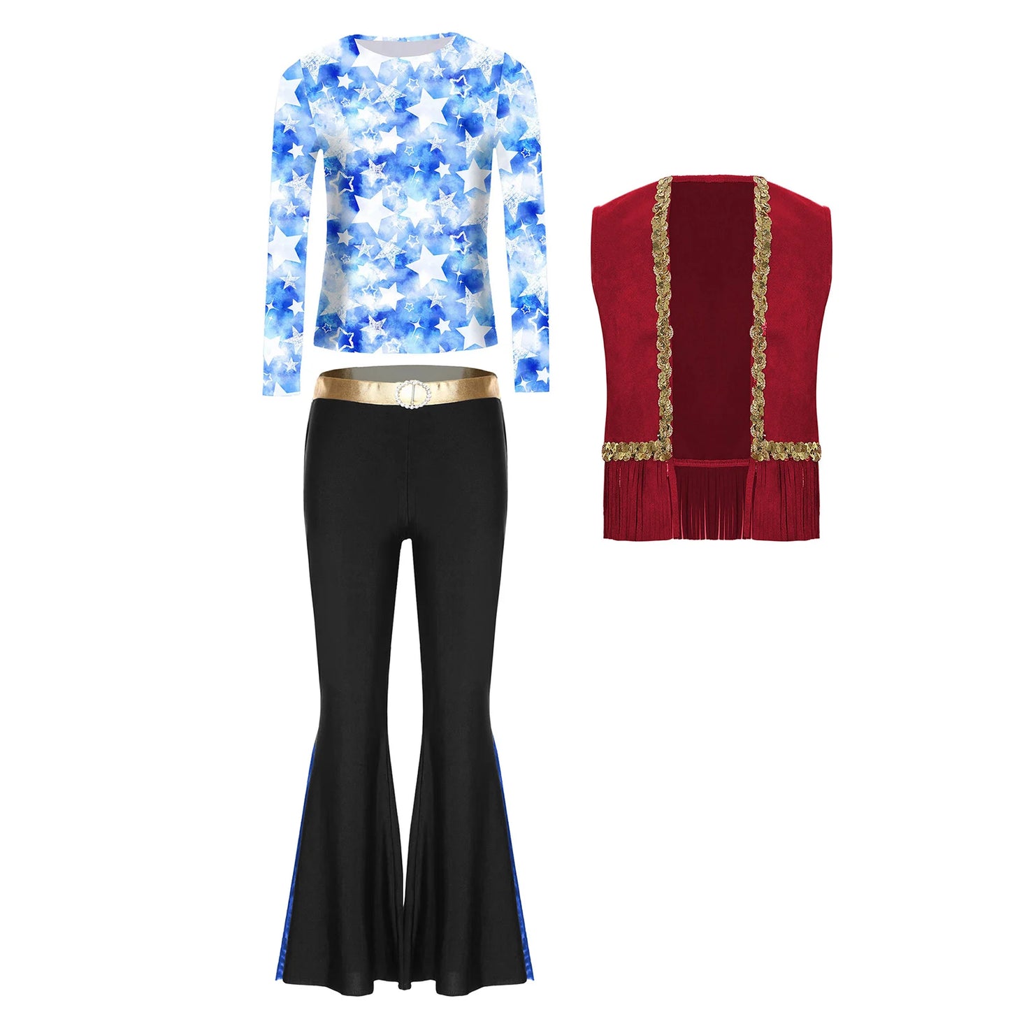 Girls Halloween Disco Hippie Western Cowgirl Carnival Cosplay Costume Printed Shirt Tops with Tassels Vest And Flared Pants Set