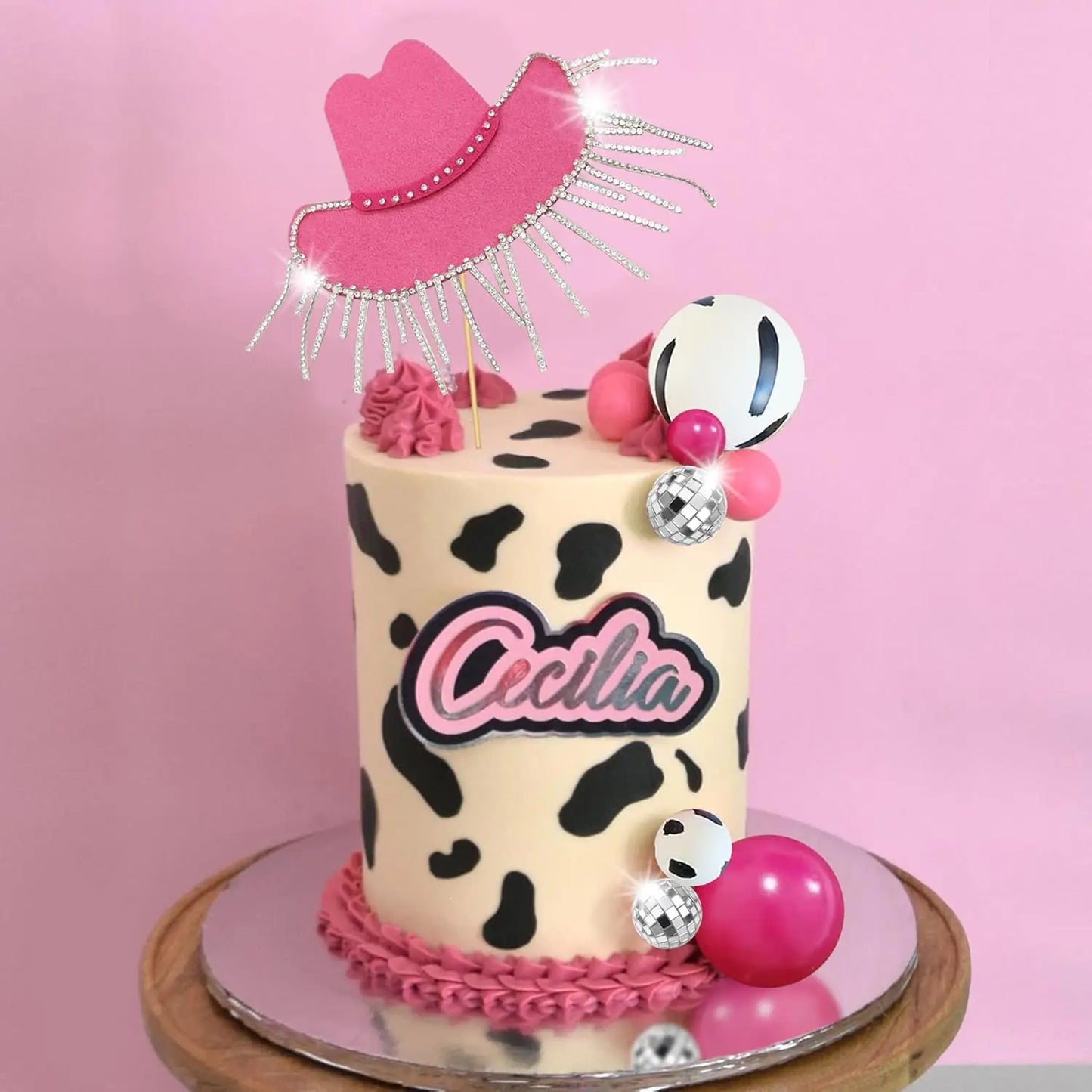 Décoration de gâteau de Cowgirl rose vif, chapeau de Cowgirl brillant, boules Disco pour fête à thème occidental, fournitures de fête d'anniversaire