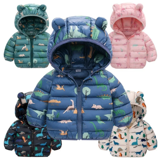 Children Boys Baby Hooded Lightweight Down Jackets Warm Outerwear Autumn Kids Girls Coats Cartoon Dinosaur Print Casual Clothing