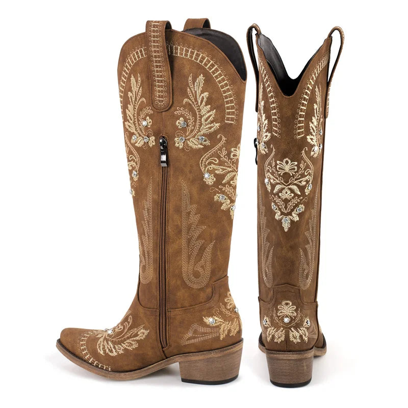 Bottes de cowboy blanches brodées Onlymaker pour femmes, à talon bloc, bout pointu, ornées de cristaux, style cowgirl.