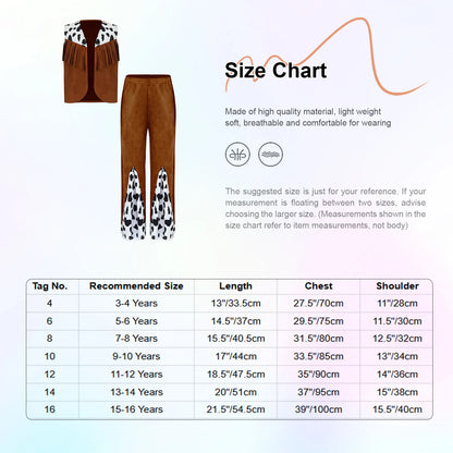 Kids Child Halloween Western Cowboy Cowgirl Cosplay Costume Cow Print Tassels Vest and Flared Pants Set Carnival Party Dress Up
