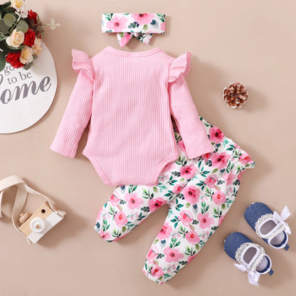 0-18M Baby Girl Pink Clothes Set Spring&Autumn Clothing Long Sleeve Bodysuit+Floral Pants+Headband 3PCS Toddler Fashion Outfits