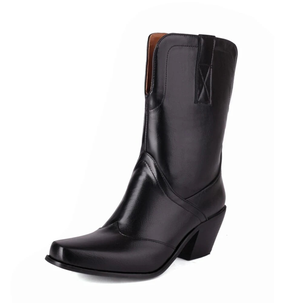 Bottes de cowboy western rétro noires mi-mollet pour femmes, talons hauts épais, chaussures gothiques, grandes tailles 34-48 777-11