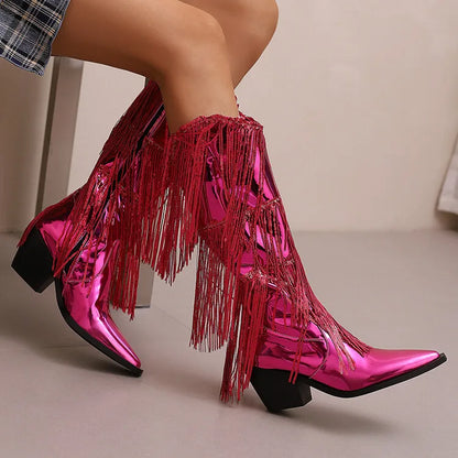 Bottes western à sequins et pompons, noires et argentées, courtes, en peluche, automne/hiver, talon de 6,5 cm, style bohème, hauteur genou, pointures 36 a 46.