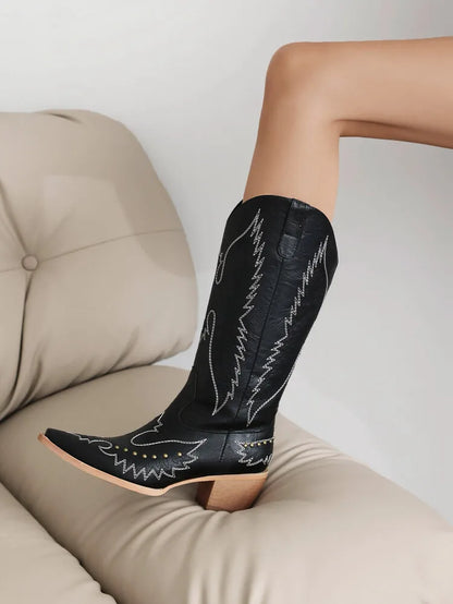 NASBAVI Red Western Cowboy Boots for Women Embroidered Pointed Toe Shoes Knee High Wide Calf Cowgirl Boots