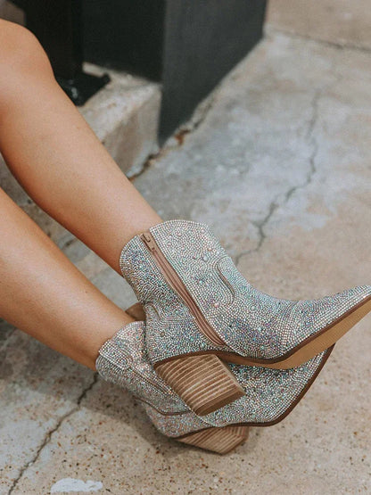 Western Cowboy Boots Fashion Women Ankle Boots Glitter Bling Shiny Trend High Heels High Quality Shoes