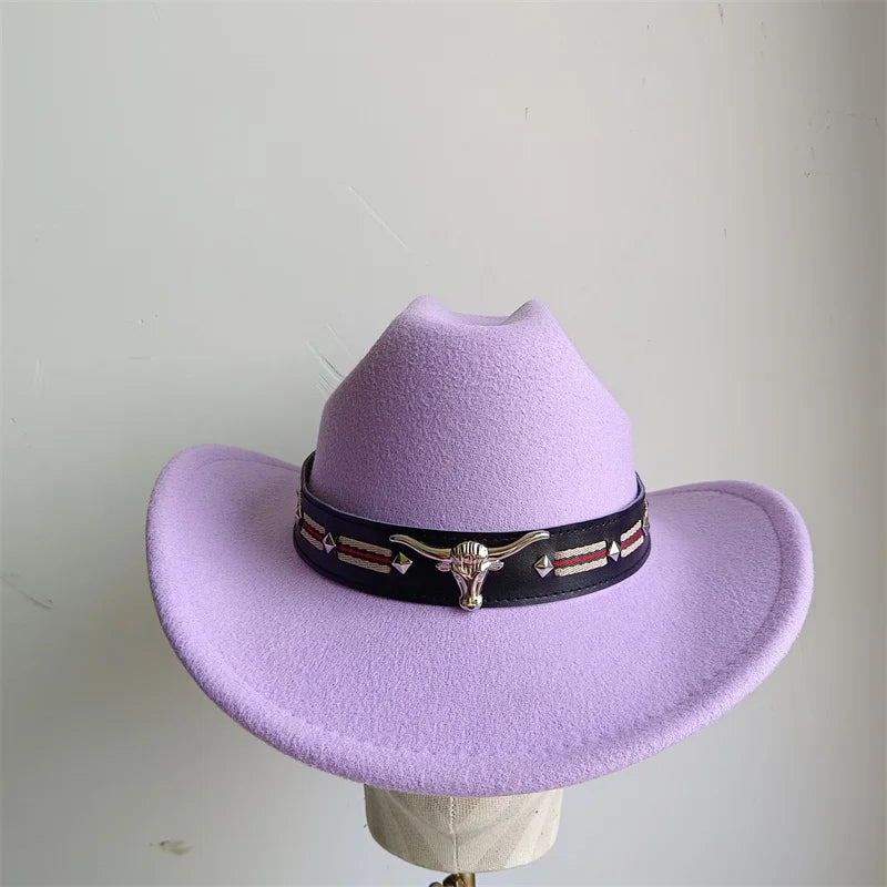 Chapeau de cowboy de style ethnique, tendance, chic, unisexe, couleur unie, avec décoration en forme de taureau, style western