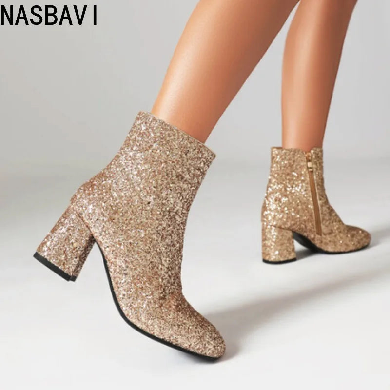 Luxury Women's Ankle Boots Gold Silver Black Short Boot Zipper Block Low Heels Dance Party Winter Shoes Lady Big Size 45 Brand