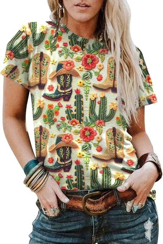 Bohemian Western Cowgirl Shirt: Vintage Western Rodeo Pattern T-Shirt Cowgirl 3D Digital Print Short Sleeve Top