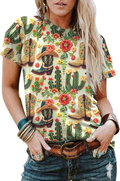 Bohemian Western Cowgirl Shirt: Vintage Western Rodeo Pattern T-Shirt Cowgirl 3D Digital Print Short Sleeve Top