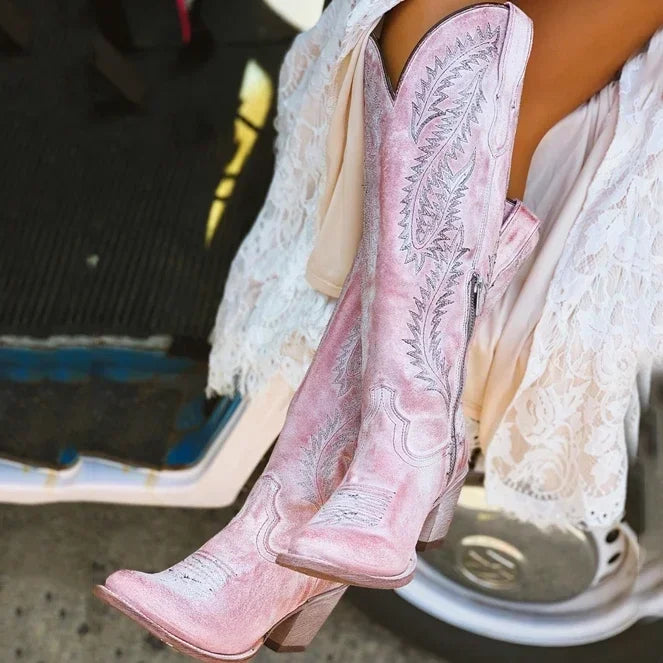 Autumn Medium Heel Woman Shoes Embroidered Design Short Boot Party Knee High Boots Pink Women Fashion Knee-high Boots